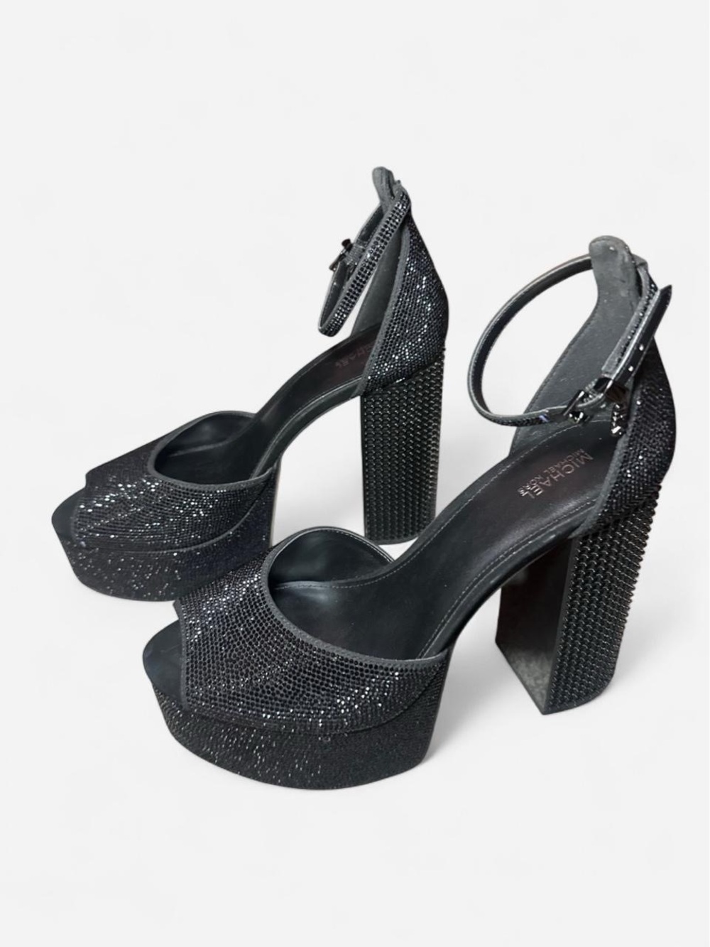 MICHAEL Michael Kors Black Glitter Platform Block Heel Sandals - Picture 4 of 8